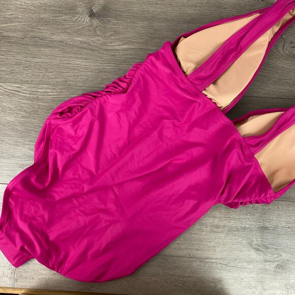 J.Crew Magenta Orchid Ruched V Neck One Piece Swimsuit Sz.14 NWT - Picture 9 of 11